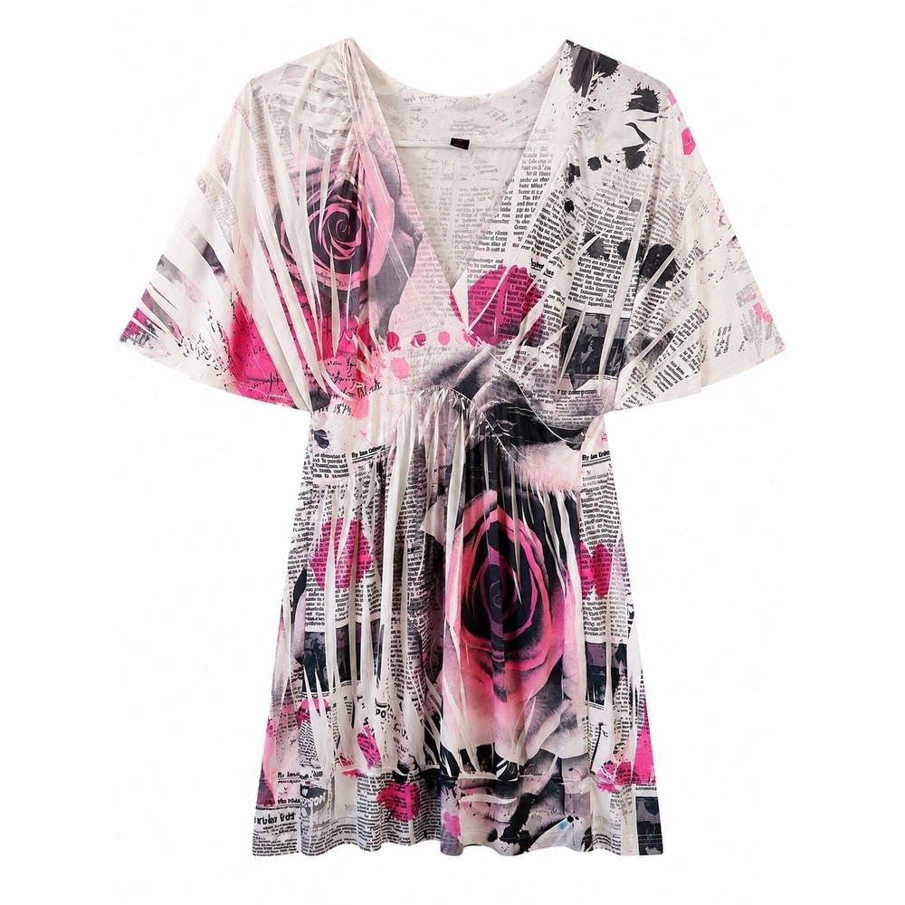Diva USA Womens Newspaper Rose Print tunic top blouse Dolman Sleeve Size M